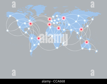 Globale Vernetzung Symbol der internationalen Komunikation mit eine Welt-Karte-Konzept mit Verbindungstür Technologie Gemeinschaften Stockfoto