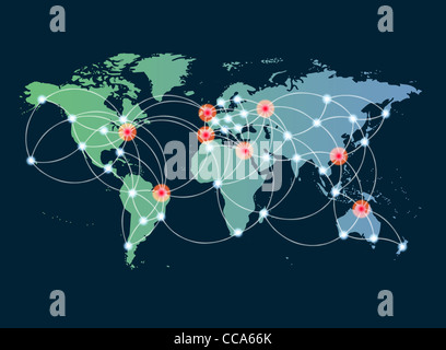 Globale Vernetzung Symbol der internationalen Komunikation mit eine Welt-Karte-Konzept mit Verbindungstür Technologie Gemeinschaften Stockfoto