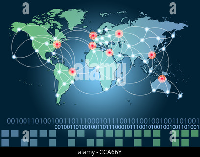 Weltkarte mit heißen Punkte Verbindungen Netzwerk- und Server-Standorte. Internet-Konzept Stockfoto