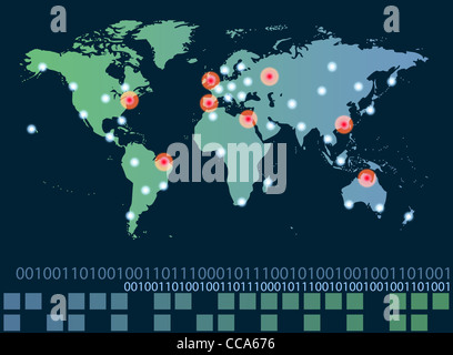 Weltkarte mit heißen Punkte Verbindungen Netzwerk- und Server-Standorte. Internet-Konzept Stockfoto