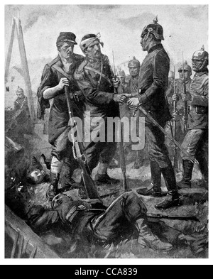 1914 am 11. September deutscher Offizier schüttelt Hand französischer Soldat Tapferkeit tapferer zuletzt stehen Gewehr Bajonett Graben toten Körpern Stockfoto