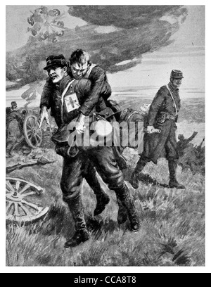 1914 Tapferkeit tapferer Paris Händler tragen verwundet verletzt Französisch unter deutsche Pistole Feuer Schlachtfeld Artillerie Frontlinie Stockfoto