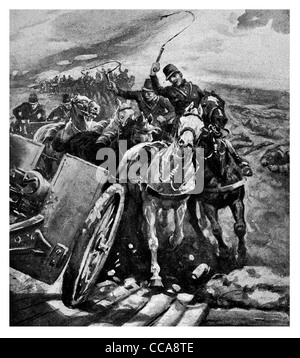 1915 French 75 Dash in Action Artillerie Pferd gezeichnet Peitsche peitschen Batterie Kanonier "Gunners" Kanone Stockfoto