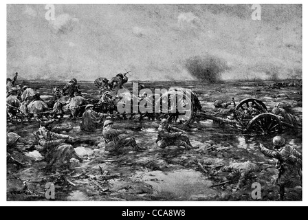 1917 Männer Pferde und Waffen überschwemmt Sumpf muddy Schlamm Artillerie Teig Horror Terror Kanone Schlepper zog hart arbeiten Hölle Pferdekutsche Stockfoto