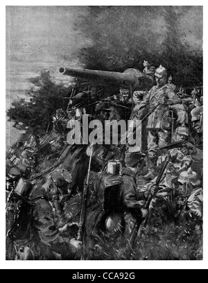 Französische Infanterie Erfassung deutsche schwere Geschütze Schlacht der Flüsse Nacht angreifen Artillerie Feldgeschütz Frontlinie Bajonett Ladungskanone Stockfoto