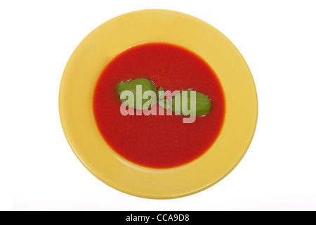 Tomatensuppe in gelbes Schild, Foto auf weiß Stockfoto