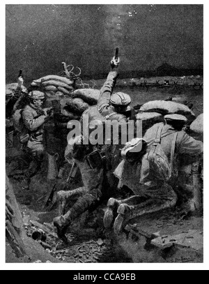 1916-Nacht angreifen Ruse Sterne Pistole Nacht Flare Lockvogel britische Graben Sandsack Pistole Frontlinie Stacheldraht nicht mans Land Überraschung Stockfoto