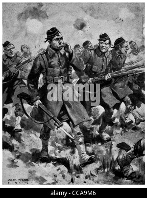 Schottische Highlander General Machlandes spielen Mundharmonika 1916 Mundharmonika Musik Mut mutig Scott Rifle Bajonett kostenlos Graben Stockfoto