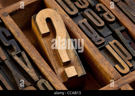 Fragezeichen - Vintage Holz Buchdruck Typ blockieren in alte Schriftsetzer Schublade unter anderen Buchstaben von Tinte befleckt Stockfoto