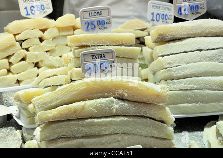 Barcelona, Spanien. La Boqueria-Markt. Stall, Bacalao - Stockfisch zu verkaufen Stockfoto