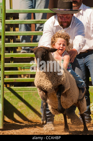 Rodeo, Young Cowgirl Reiten Schafe während Hammelfleisch Zerschlagung Wettbewerb in Idaho Stockfoto