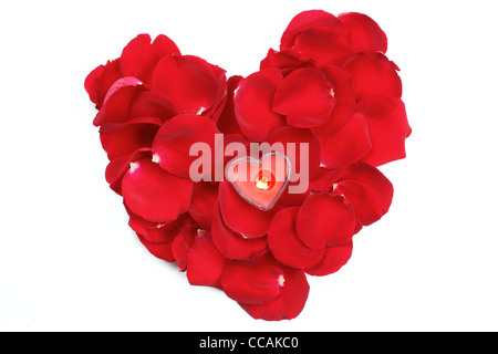 Herzform aus Rosenblüten gemacht. Isoliert auf weiss. Stockfoto
