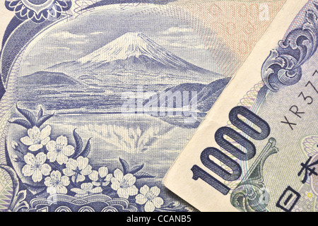 detailliertes Bild der Fuji und vordere Reihe von original japanischen 1000 Yen-Banknoten Stockfoto