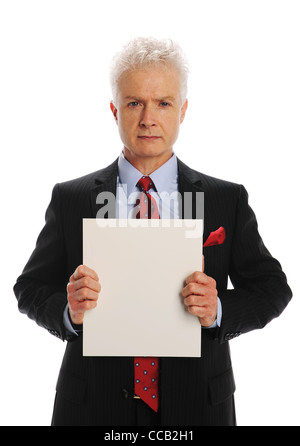 Geschäftsmann mit einem weißen Schild isoliert auf weißem Hintergrund Stockfoto