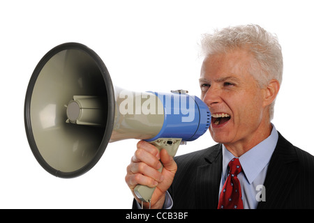 Geschäftsmann schreiend mit einem Megaphon isoliert auf weißem Hintergrund Stockfoto