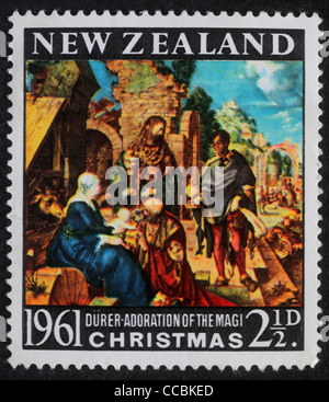 Ein Gruß Weihnachten Briefmarke gedruckt in Neuseeland zeigt Geburt Christi, Anbetung der Könige, 1961 Stockfoto