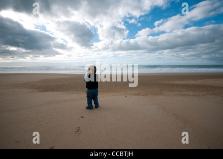 Kleinkind zu Fuß am Strand, Rückansicht Stockfoto