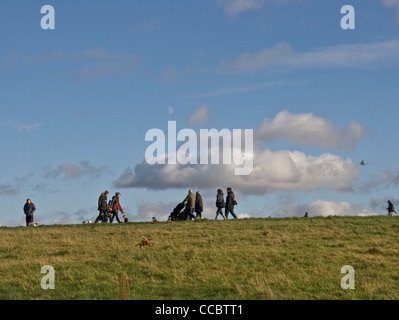 Menschen zu Fuß und fliegenden Drachen im Winter Sonne Parlament Hill Hampstead Heath London England Europa Stockfoto