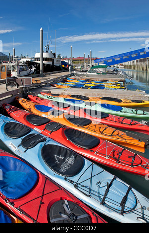 Meer Kajaks auf der Anklagebank. Hafen von Valdez. Alaska. USA Stockfoto