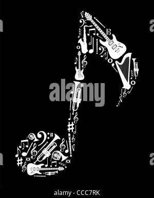 Liebe zur Musik Konzept Illustration. Hoher Kontrast Musikinstrumente Symbolsatz in Anmerkung Form Hintergrund. Vektor-Datei zur Verfügung. Stockfoto