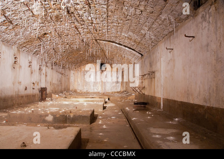 Verdun, Frankreich. Alte Kaserne mit Tropfsteinen in Fort Douaumont, Zentrum einer grausamen Kampagne im ersten Weltkrieg von der Decke hängen. Stockfoto