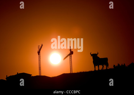 Osborne Stier und Kräne in der Abenddämmerung in Spanien Stockfoto