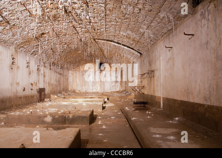 Verdun, Frankreich. Alte Kaserne mit Tropfsteinen in Fort Douaumont, Zentrum einer grausamen Kampagne im ersten Weltkrieg von der Decke hängen. Stockfoto