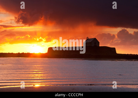 St Cwyfan Kirche bei Sonnenuntergang, Aberffraw, Anglesey, North Wales, UK Stockfoto