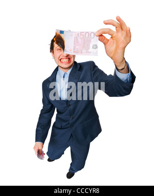 Geschäftsmann Banknote Geld in Brand isoliert auf weiß setzen Stockfoto