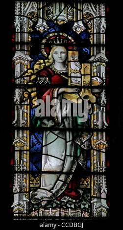 Ein Buntglasfenster von Henry Victor Milner mit Darstellung der Heiligen Cecilia, der St. Nicholkirche, Islip, Northamptonshire Stockfoto