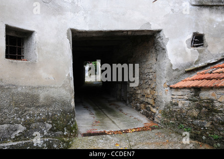 Tunnel, Passage, Gehweg, dunkle, Schatten, launisch, durch Haus, Zement, gerendert, Steinmauern, Fliesen, Cisigliana, Toskana Stockfoto