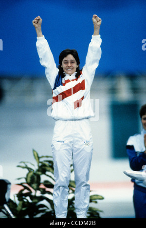 Bonnie Blair USA-Goldmedaillen-Gewinner in der 500m bei den Olympischen Winterspielen 1988 Stockfoto