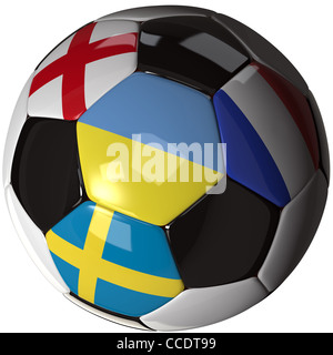 Fußball mit den vier Flaggen der teilnehmenden Mannschaften in der Gruppe D der Fußball-Europameisterschaft 2012. Stockfoto