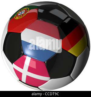 Fußball mit den vier Flaggen der teilnehmenden Mannschaften in der Gruppe B der Fußball-Europameisterschaft 2012. Stockfoto