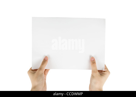 Hand mit weißem Papier isoliert auf weiss Stockfoto