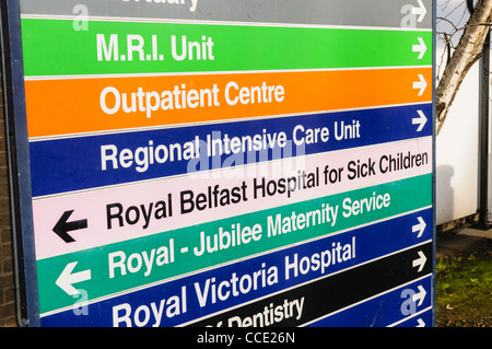 Anzeichen einer Royal Victoria Hospital für MRI Gerät, ambulantes Zentrum, regionalen Intensivstation, Royal Jubilee Mutterschaft Service Stockfoto