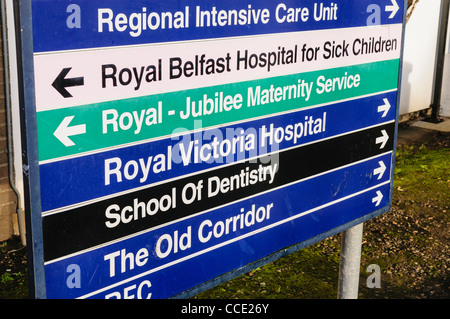 Anzeichen einer Royal Victoria Hospital für regionale Intensivstation, Royal Jubilee Mutterschaft Service, School of Dentistry Stockfoto