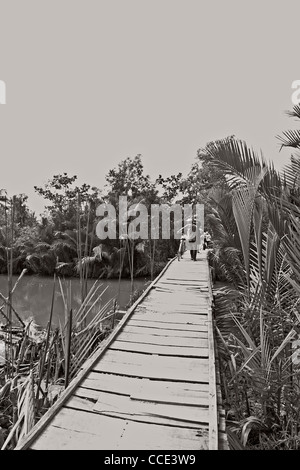 Lokalen vietnamesischen Mann über eine wackelige Brücke über das Mekong-Delta Stockfoto