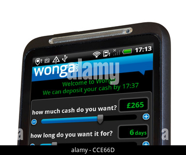 Die android-app des Vereinigten Königreichs basiert auf einem HTC-Smartphone Zahltag Darlehen Unternehmen, Wonga, Stockfoto