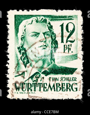 Briefmarke: Deutschland, Württemberg / französische Besatzungszone, Friedrich von Schiller, 1947 / 48, 12 Pfennig, gestempelt Stockfoto