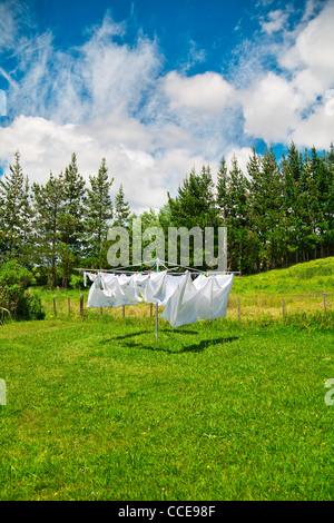 Waschen Sie täglich. Weiße, waschen, Wäsche, weht in der Brise an einem sonnigen Tag auf einer rotierenden Wäscheleine hängen. Stockfoto