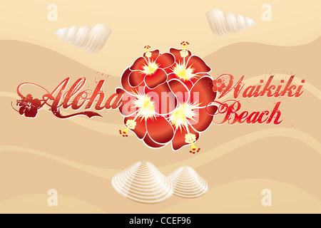 Aloha gestaltete - Waikiki Beach - schöne Vintage Logo mit Hibiskus und Muscheln am feinen Sandstrand Stockfoto