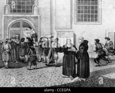 Martin Luther leitet die Veröffentlichung seiner 95 Thesen, die Praxis des Verkaufs der Ablasshandel an die Tür der Wittenberger protestieren Stockfoto