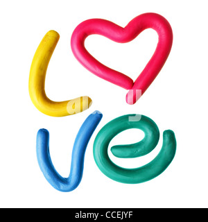 Wort Liebe hergestellt aus Plastilin isoliert auf weißem Hintergrund Stockfoto