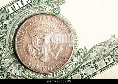 Halb-Dollar-Münze Banknote hautnah Stockfoto