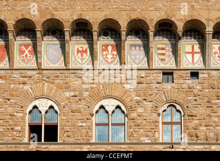 Detail der Fassade des Palazzo Vecchio, Piazza della Signoria, Florenz (Firenze), Toskana (Toscana), Italien Stockfoto
