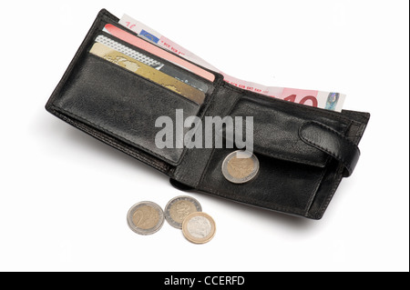 Eine schwarze Leder-Geldbörse mit Karten und Euro Stockfoto