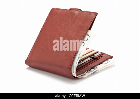 Eine braune Leder-Geldbörse mit Karten und britischen Geldscheine Stockfoto