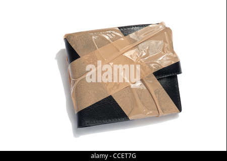 Eine schwarze Leder-Geldbörse mit braunem Klebeband um ihn herum Stockfoto
