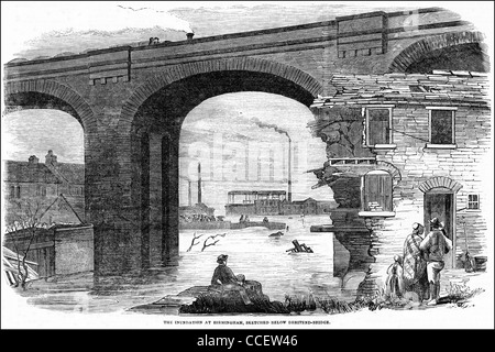 Viktorianische Gravur ca. 1852 Blick auf Überschwemmungen unter öffentlichen Brücke in Birmingham England UK Stockfoto